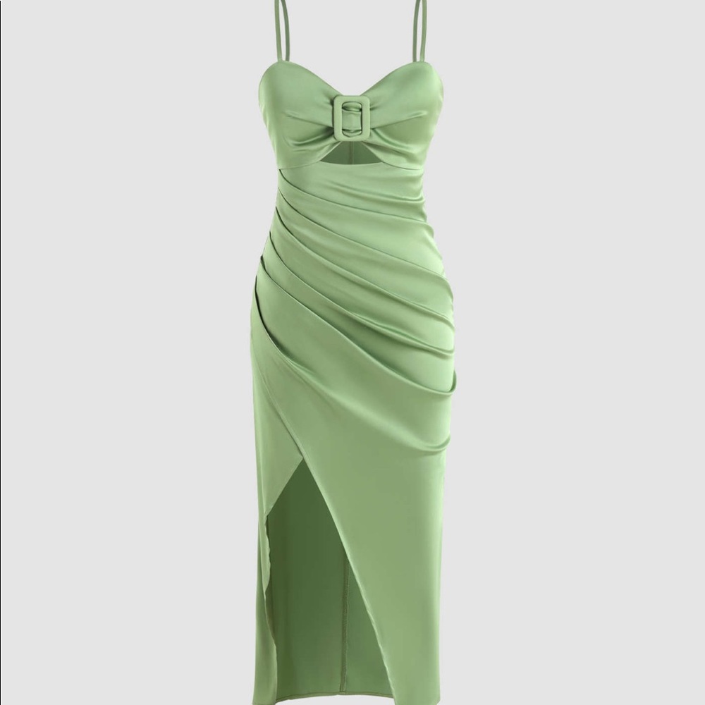Satin Ruched Belted Midi Dress